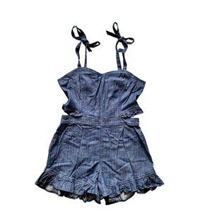 NWT Bebe Tie Strap Ruffle Detail Denim Romper Size 10 Blue Zip Back Country